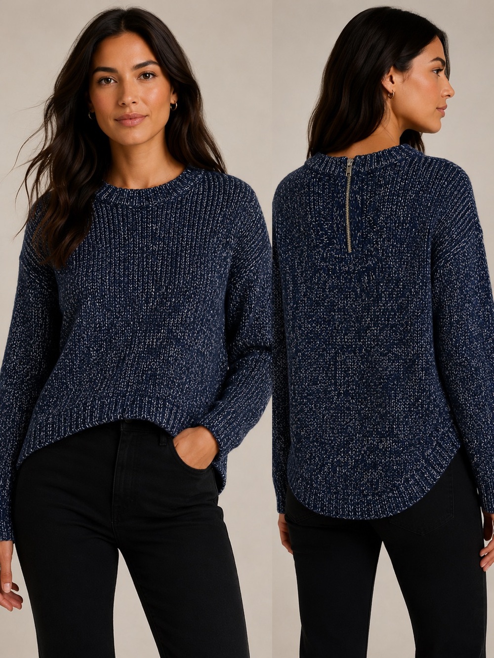 Women’s Navy Crewneck Sweater with Back Zip